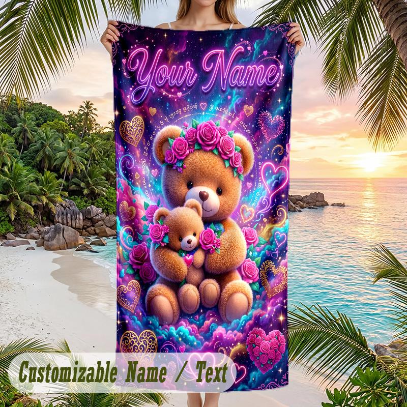 Teddy Bear Theme Beach Towel Personalized Custom Name & Text Soft Quick Dry Beach Towel for Swimming Travel
