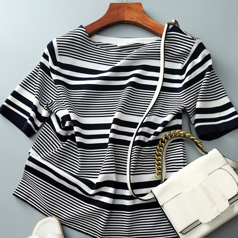 Women Sweaters Pullovers 2025 Summer Short Sleeve O-Neck Striped Knitted Sweater Women Tops Pullove JJ328