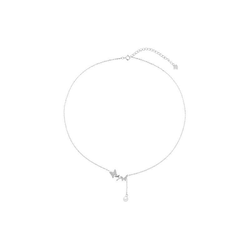 925 Silver Plated Butterfly Necklace Women'S Summer Light Luxury Niche Design Sense High-End Pearl Clavicle Chain Necklace