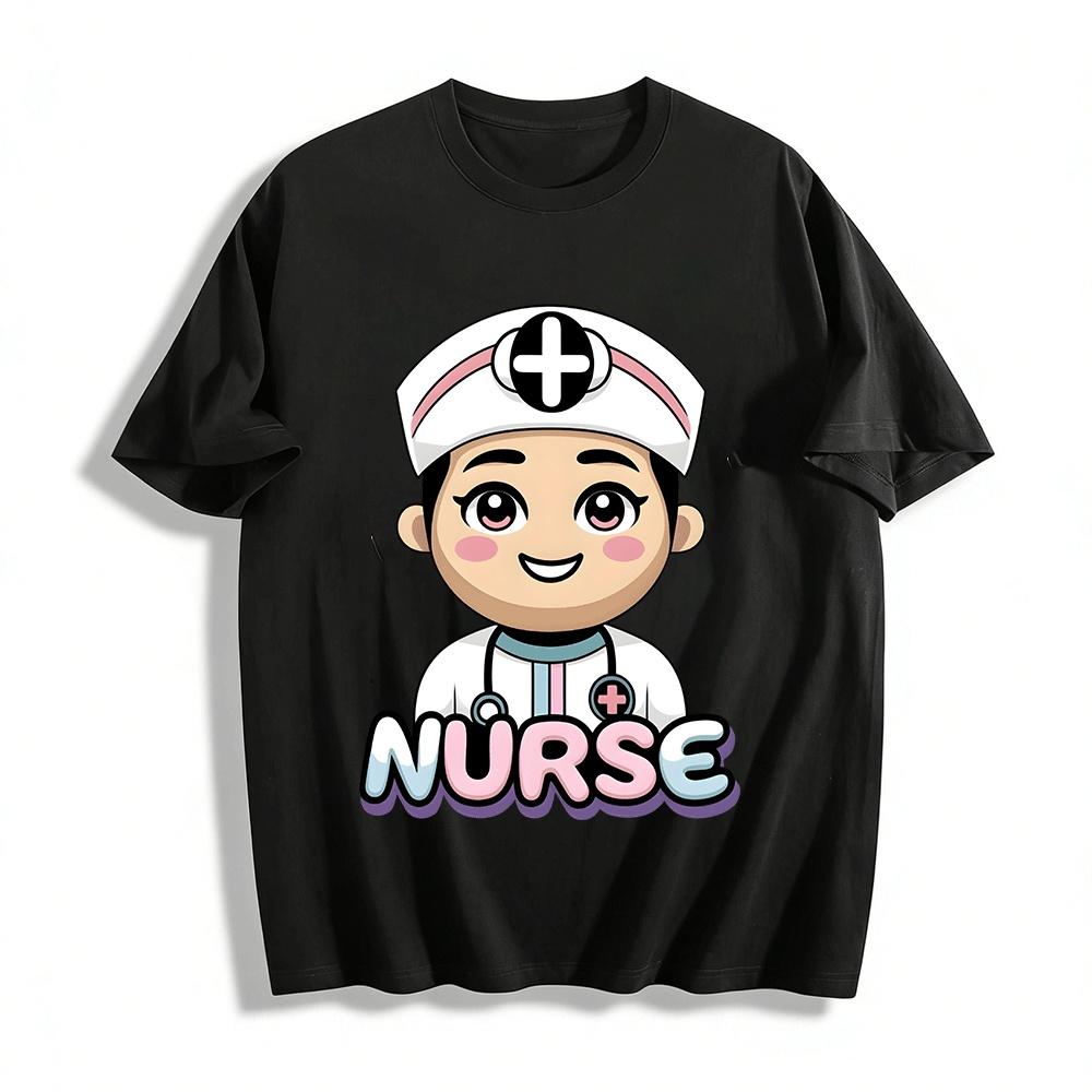 Cute Nurse Cartoon Print Casual Tshirt Unisex Breathable Top Pure cotton T-shirt XXS