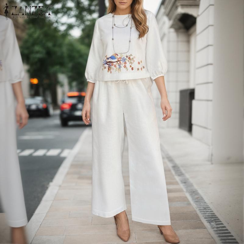 ZANZEA Damen 3/4-Ärmel Print Bluse und Hose Lässige zweiteilige Anzugsets