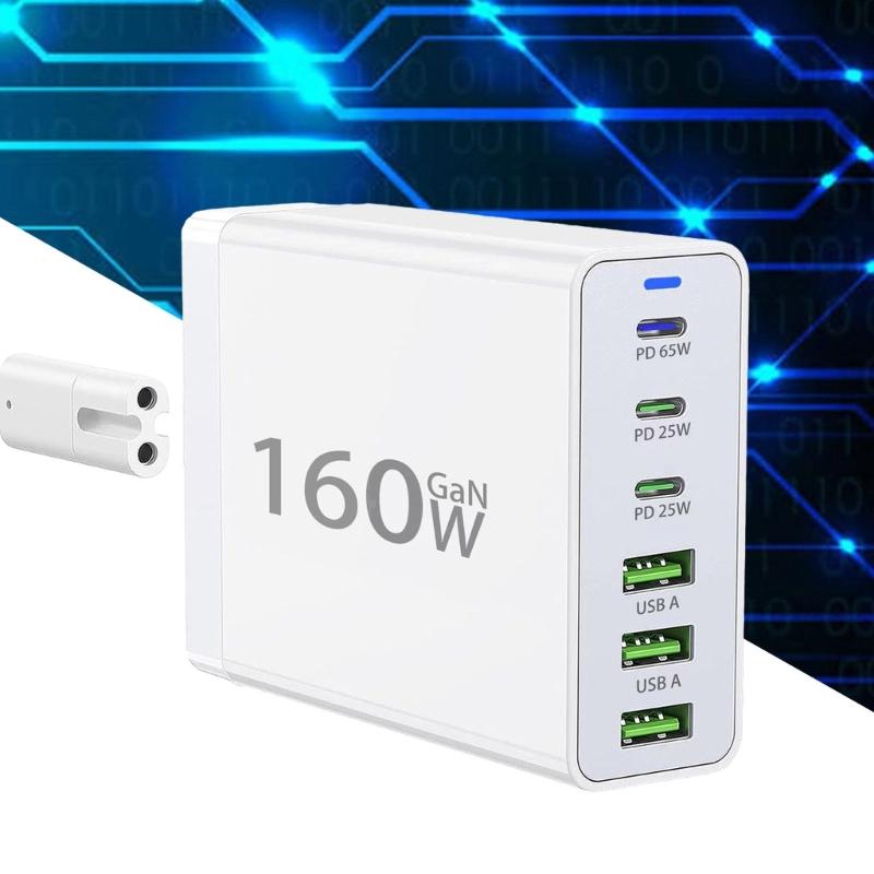 160W USB C Charger Fast Charging Station with 3 USB C and 3 USB A HUB Multiple Port for Pad Smartphones and More