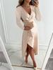 Womens Long Sleeve V Neck Dress with Ruched Hem and Side Slit Midi Length Elegant Fit for Autumn Winter