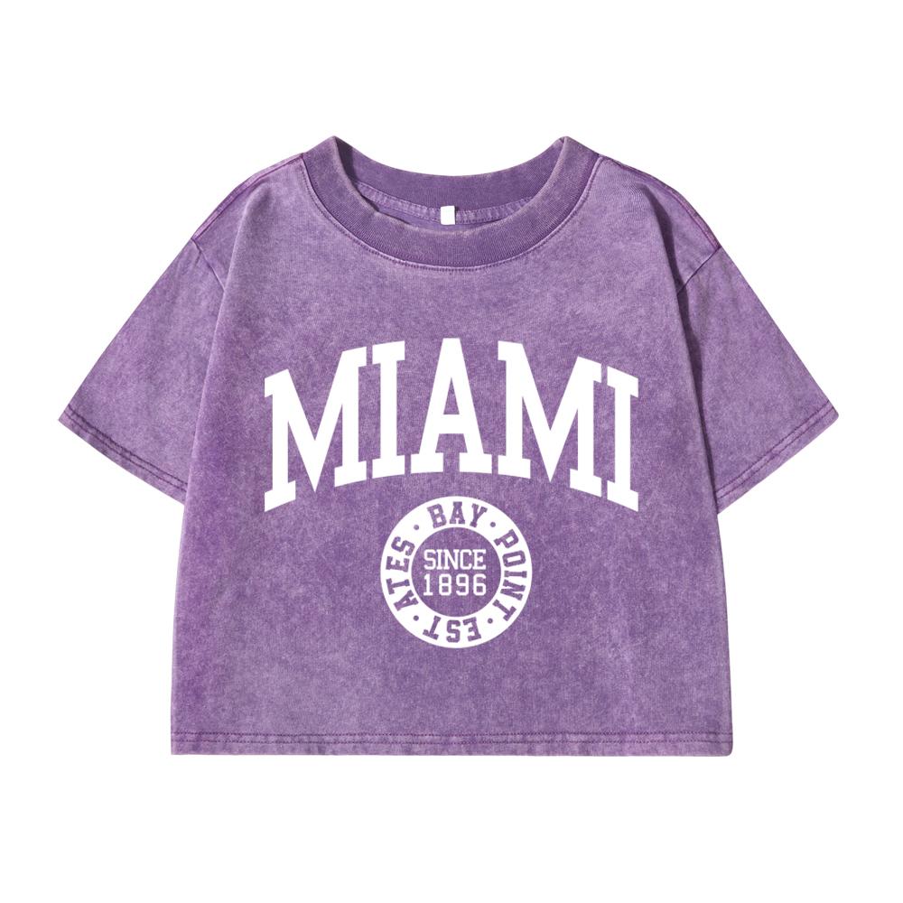 Women'S Cotton Washed T-Shirts Summer Distressed Regular Fit Crop Tops Miami, Usa Printing Short Sleeve Female Clothes