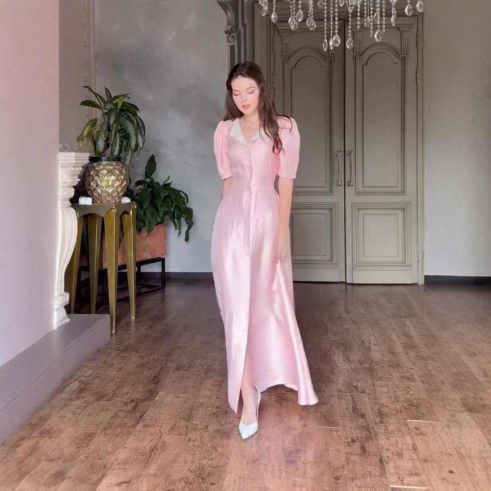 2025 Summer Satin High-Waisted Evening Dress with Slit & Puff Sleeves