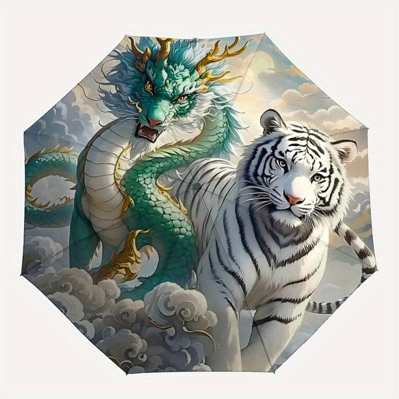 1pc Turquoise Dragon and Snow Tipped Tiger Soaring Through Clouds Automatic Opening and Closing Umbrella - Suitable for Various Occasions, Portab