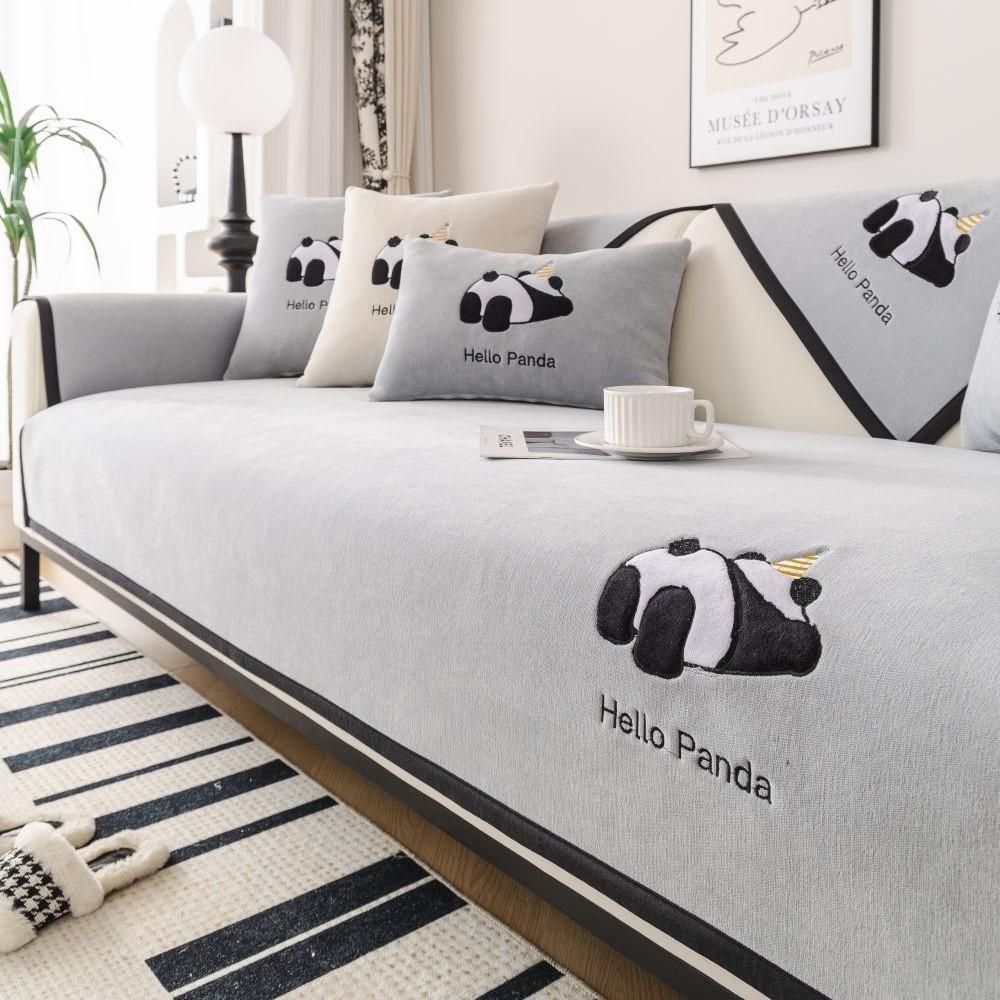 Modern Universal Non-slip Sofa Towel Chenille Solid Color Couch Cover for Living Room Four Seasons Panda Embroidery Sofa Cover