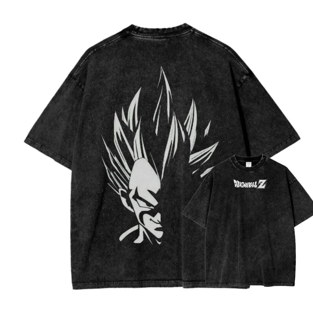 Vegeta T Shirt Men Acid Wash Oversized Anime Dragon Ball Z Cotton Vintage Gym Streetwear Half Face Silhouette Graphic Tee Top M