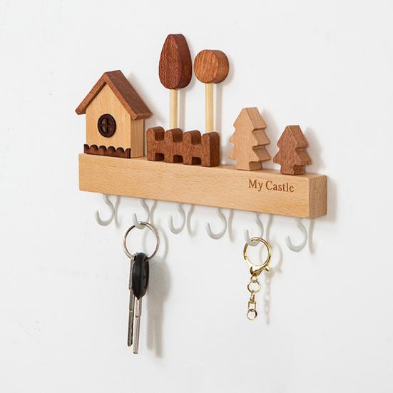 Rustic Wood Key Hanger Hanger with Decorative Wall Mounted 6 Hooks Entrance Key Hanger for Keys