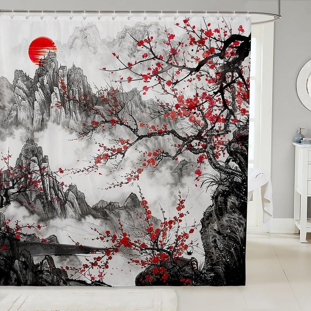 Japanese Wave Shower Curtain Kids Cherry Blossoms Bathroom Shower Curtain Set For Boys Girls Japanese Ukiyoe Theme Home Decor