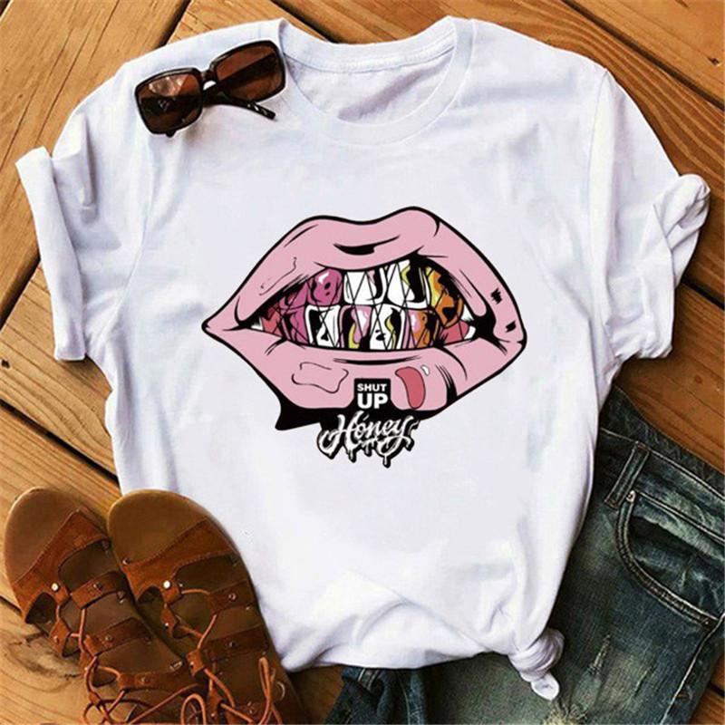 Korean Fashion Vintage Lip Graphic Women T-Shirt Goth 90S Summer Tees Loose White O-Neck Short Sleeve Y2K Tops Harajuku Blouses