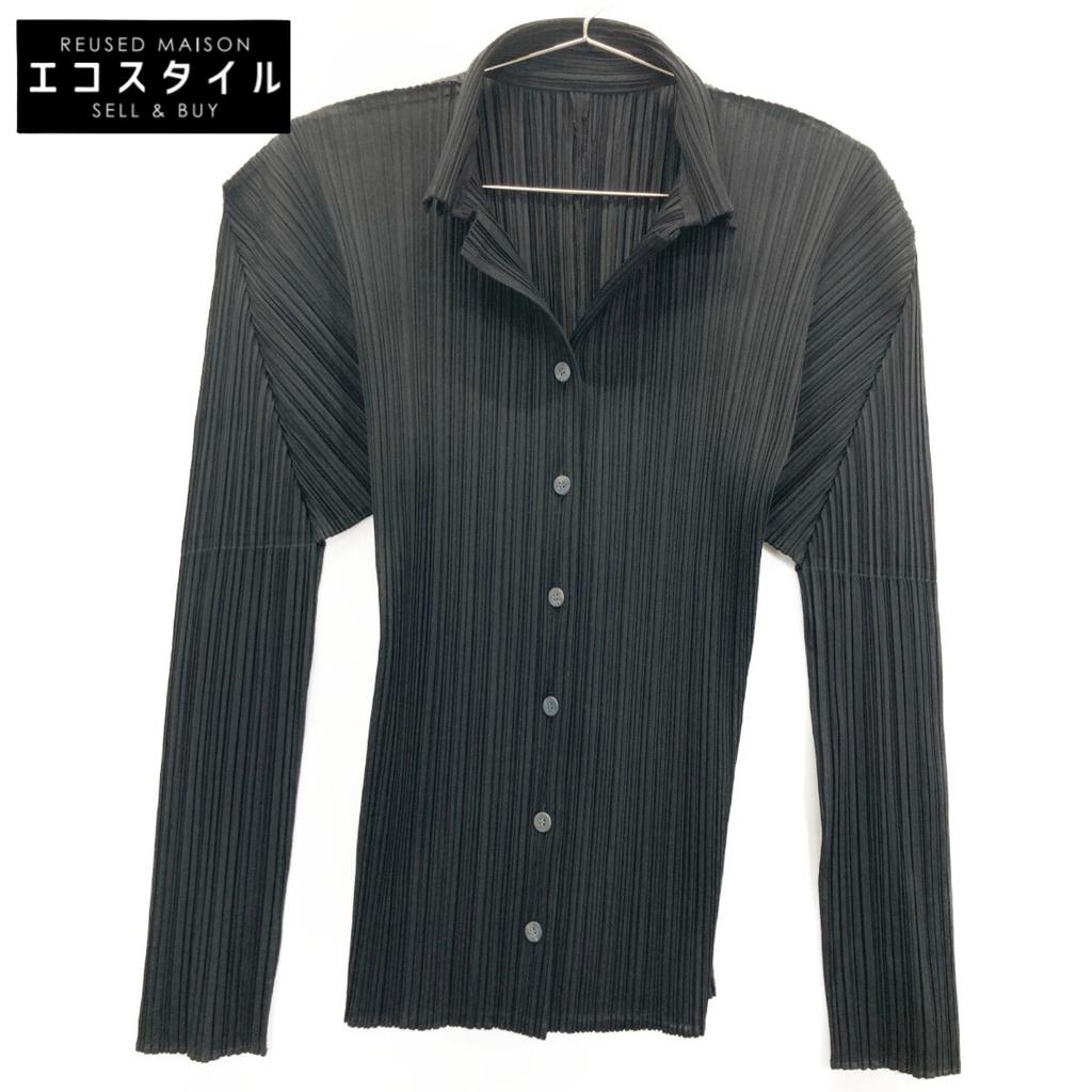 PLEATS PLEASE PP05-JJ001 Black Pleated Open Collar Shirt Tops 3 blackUsed