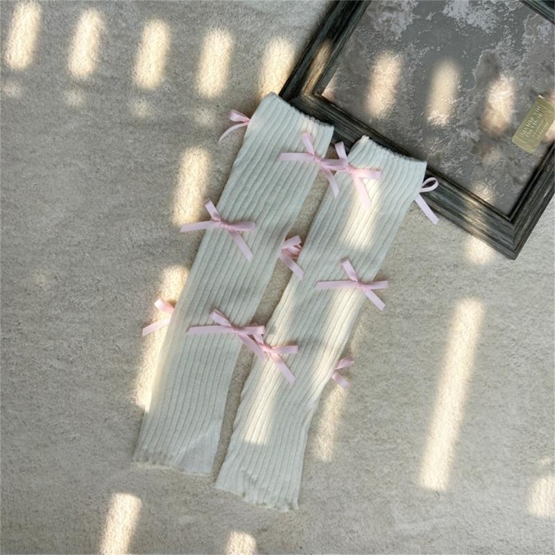 Women Japanese Style JK Girl Ribbed Knitted Leg Warmers Cute Small Bowknot Ruffled Hem Boot Cuffs Leg Cover Long Socks