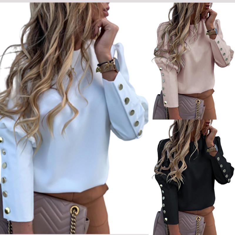 2023 Trendy European & American Celebrity Long Sleeve Round Neck Metal Buckle Women's Top