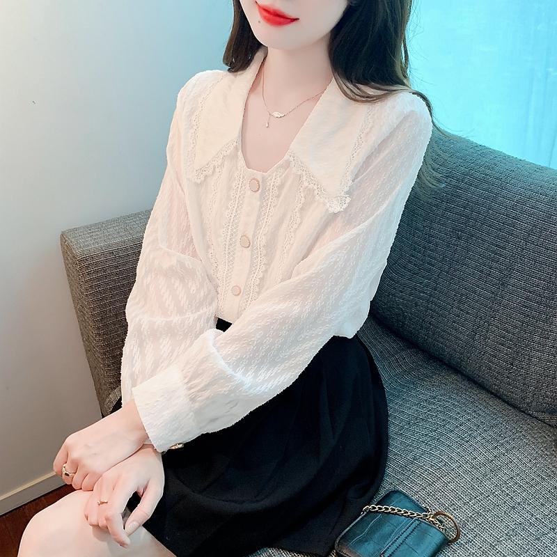 Fashion Autumn New 2024 Casual Long Sleeve Doll Collar White Chiffon Blouse Shirt Women Tops Blouses Shirts J478