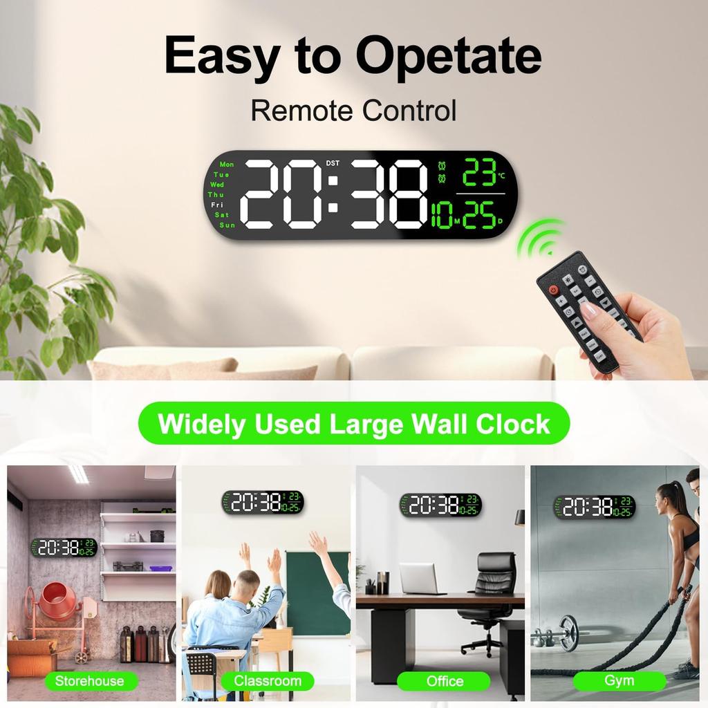 13.7" Digital Wall Clock Large Display with Remote Control,Dual Alarm,Auto-Dimming,Big Digits,Auto DST Clock for Bedroom Living Room Decor with 9
