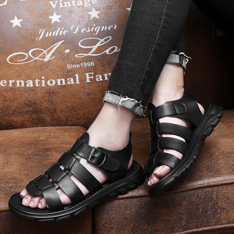Fashion 2025 Mens Casual Outdoor Slippers Men's Hollow Out Summer Roma Sandals Leather Thick-soled Beach Shoes Non-slip Handmade Sandals