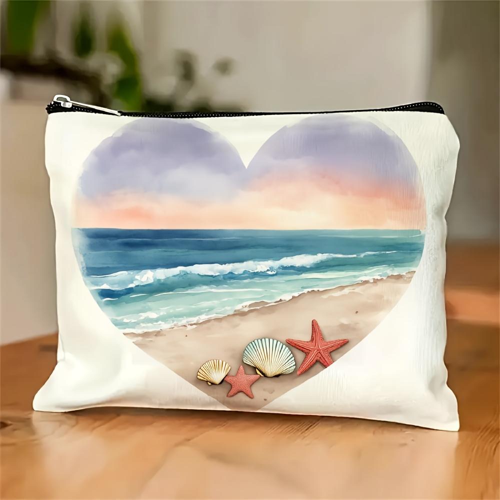 

A Heart-shaped Ocean Scenery Printed Cosmetic Bag- Multifunctional Zipper Pouch, Jewelry Storage Bag, Perfect Travel Zipper Smal