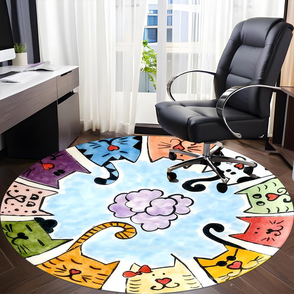1pc Cat Circle Office Round Area Rug, Indoor Mat Suitable ForOffice, Under Office Chairs Bedroom Living Room Home Decor, Room Decot223