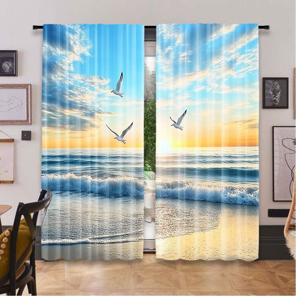 2 Τεμάχια Κουρτίνες με Σχέδιο Πουλιά να Πετούν Δίπλα στη Θάλασσα Κατάλληλες για Υπνοδωμάτιο Κουζίνα Τραπεζαρία Σαλόνι Γραφείο Μπάνιο