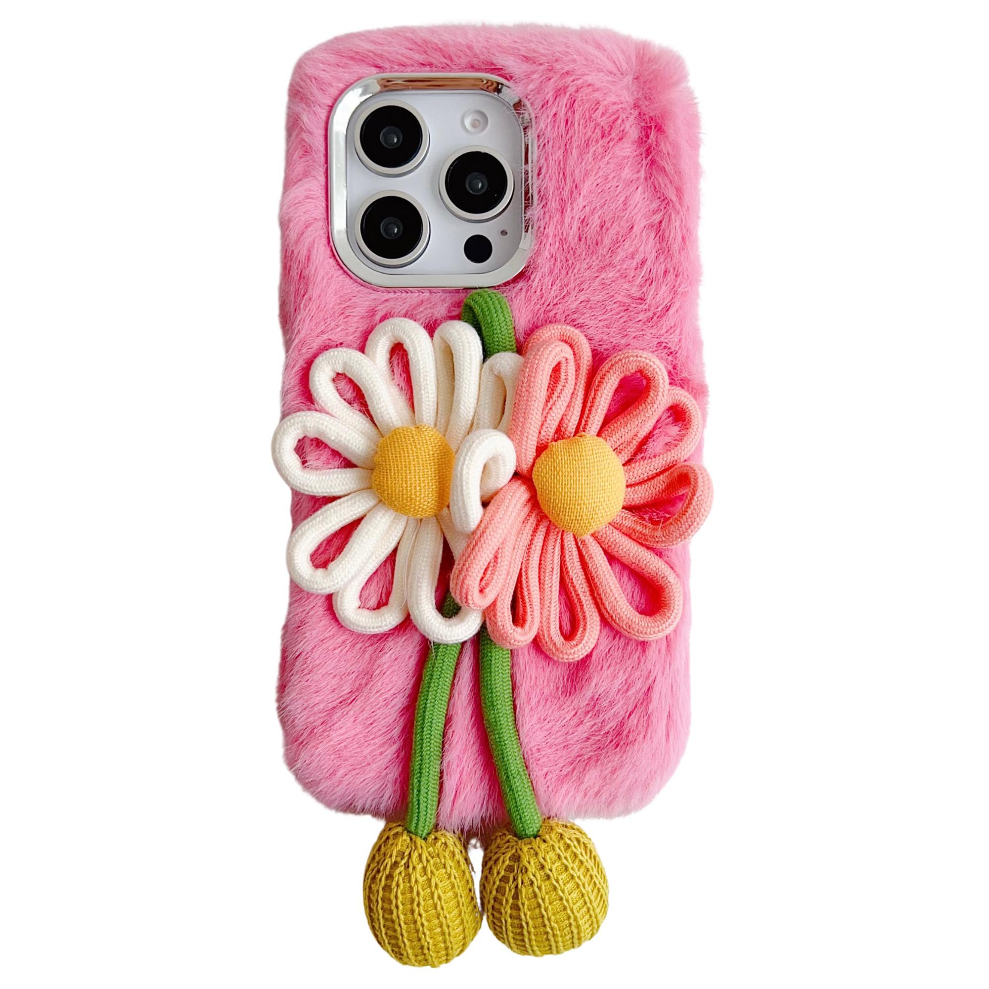 

Чехол для iPhone 16 Pro Max с декором из двух цветов, внешний пушистый плюш, внутренний чехол для телефона из ТПУ Pink