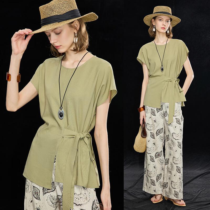 Women s French Style Linen Blend Tie-Waist T-Shirt M