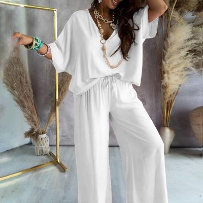 Fashion Casual Loose Two Piece Set Women Fashion V Neck Pants Sets Elegant Sleeve Homewear Outfits