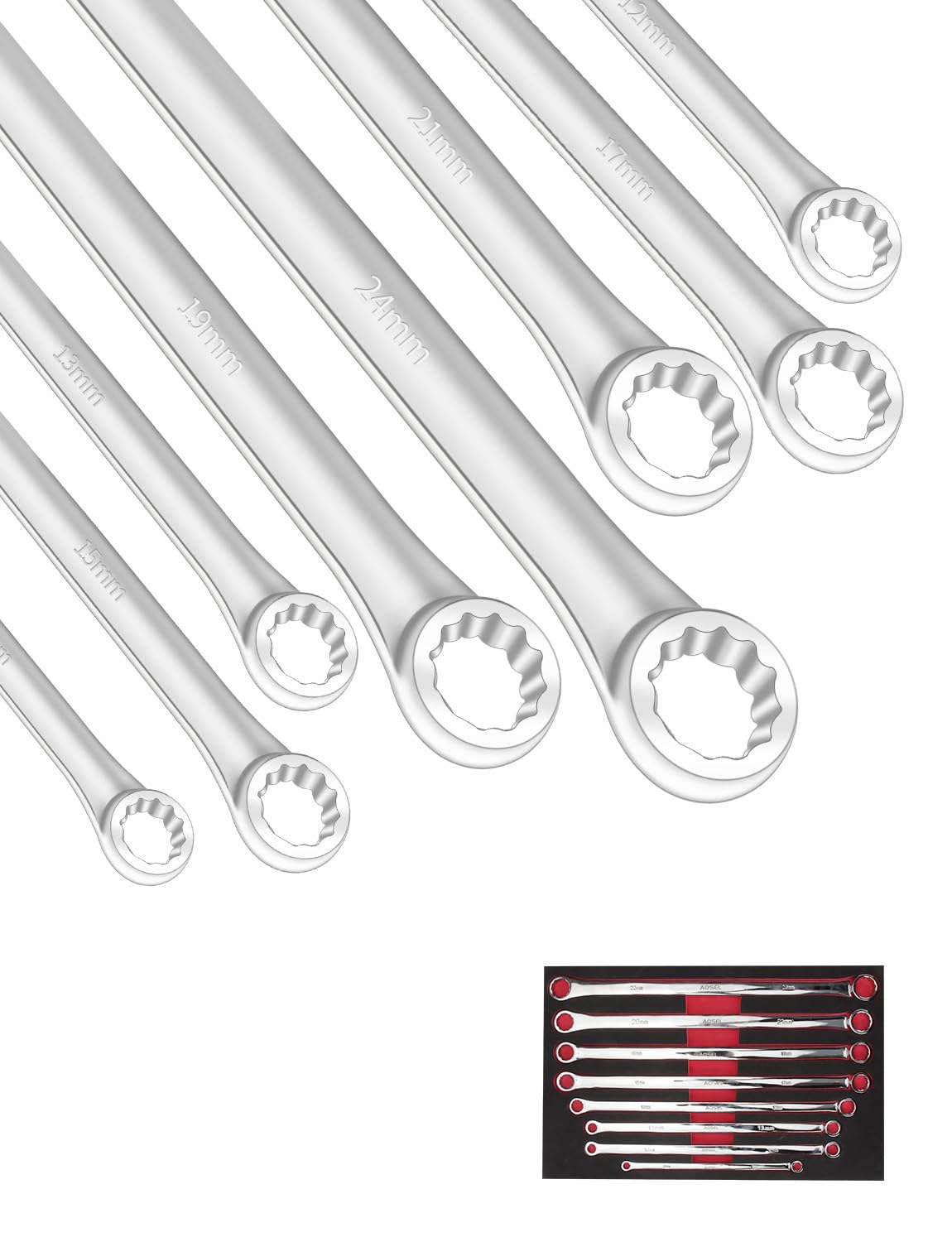 AOSEL Set of Extra Long Straight Wrenches with Mirror Finish and Storage Case 8-Piece Open-End серебряный