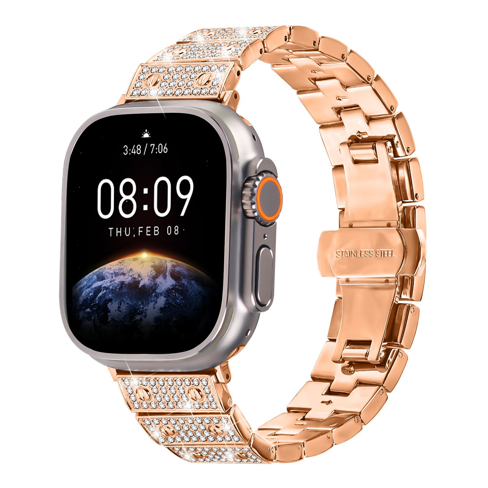 

Watch Band For Apple Watch Series 10 Ultra 9 8 7 SE 6 5 4 3 2 1 46mm 49mm 45mm 44mm 42mm Alloy Rhinestones Decor Strap Rose Gold
