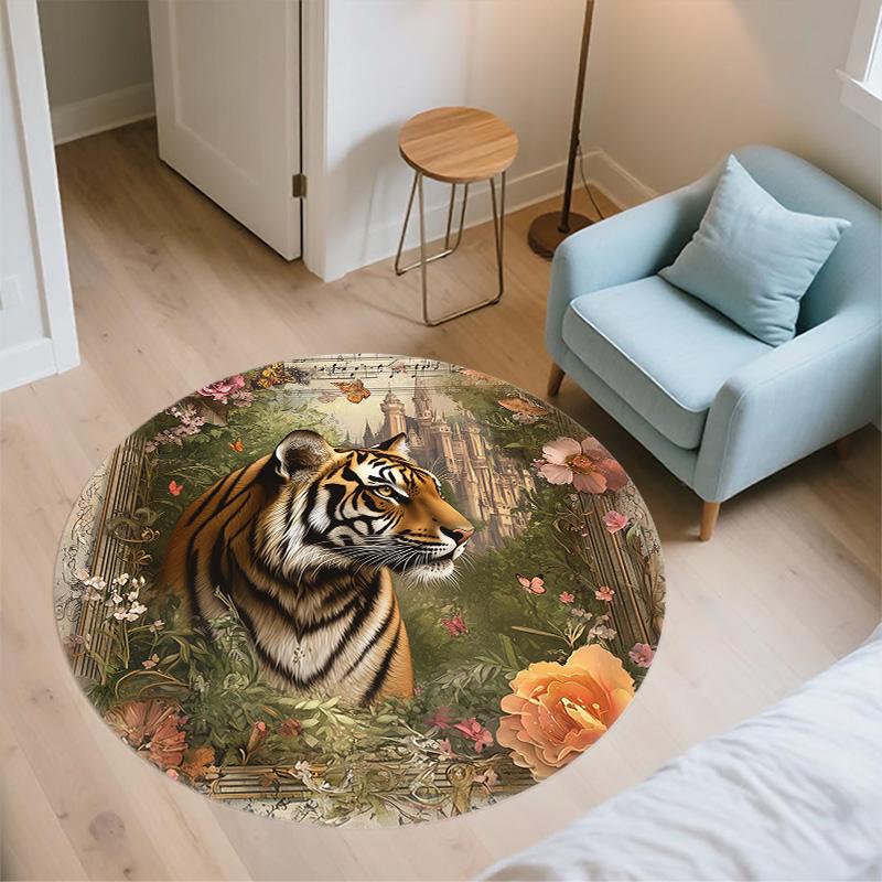 Vintage Tiger,Round Area Rug,Carpet Rug for Living Room Bedroom Sofa Playroom Decor,Non-slip Floor Mat