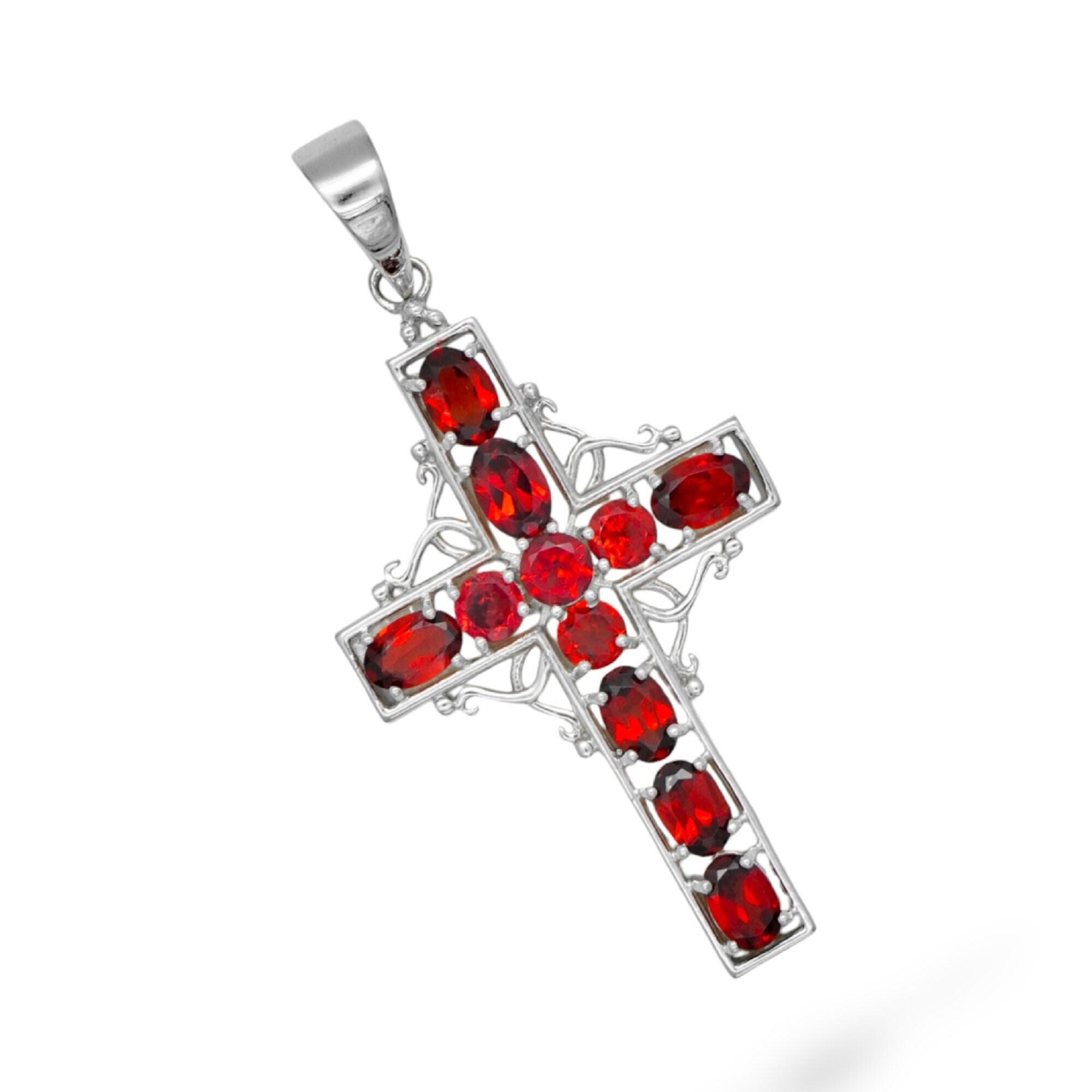 Garnet Cross Pendant: 925 Sterling Silver Red Gemstone Jewelry onesize серебряный