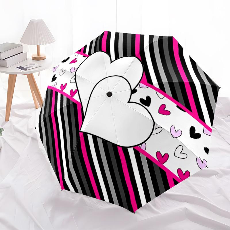 1pc Heart Print Auto-Fold Umbrella with One-Touch Open/Close - 8 Reinforced Ribs for Windproof Stability,  Yy251118241