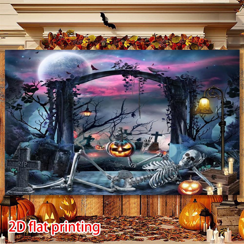 2D flaches Banner, 1 Halloween-Party-Hintergrundbanner, mit böser Totenkopffigur und bösem Kürbis-Muster-Hintergrunddesign