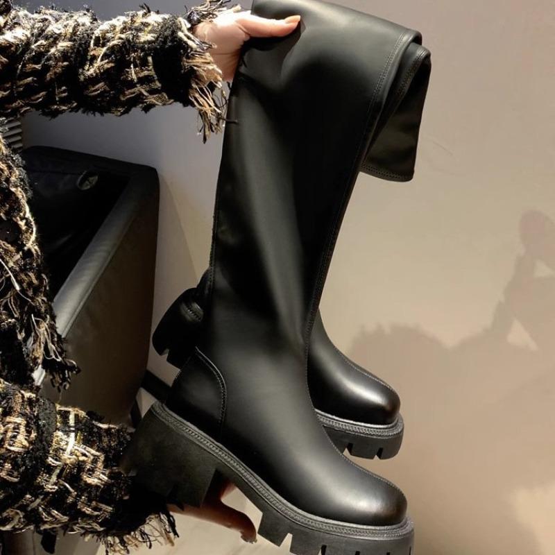 Over-knee Boots Women's Elastic Black Tall Boots Thick-soled New Winter Velvet Boots Look Thin