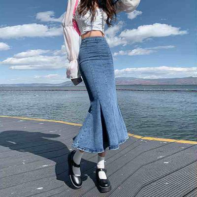 Elegant Woman Stretch High-waisted Fishtail Female Early Spring Mid-length Open Ruffle Package Hip Versatile Comfortable Fashion Denim Bustier Skirt