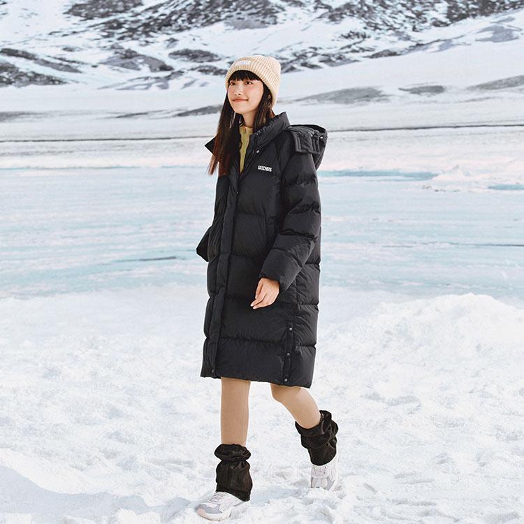 Skechers Windproof Water-Repellent Oil-Stain Resistant Warm Comfortable Sports Casual Long Hooded Down Jacket Women outerwear L424W203-0018