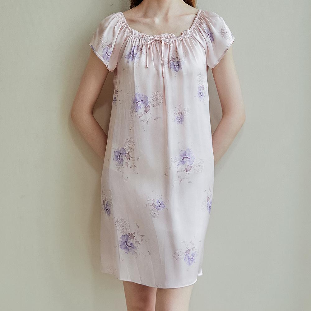 Women's Summer Short Sleeve Printed 100% Mulberry Silk Pajama Dress - Mid-length, Plus Size, Loose-fit Nightgown