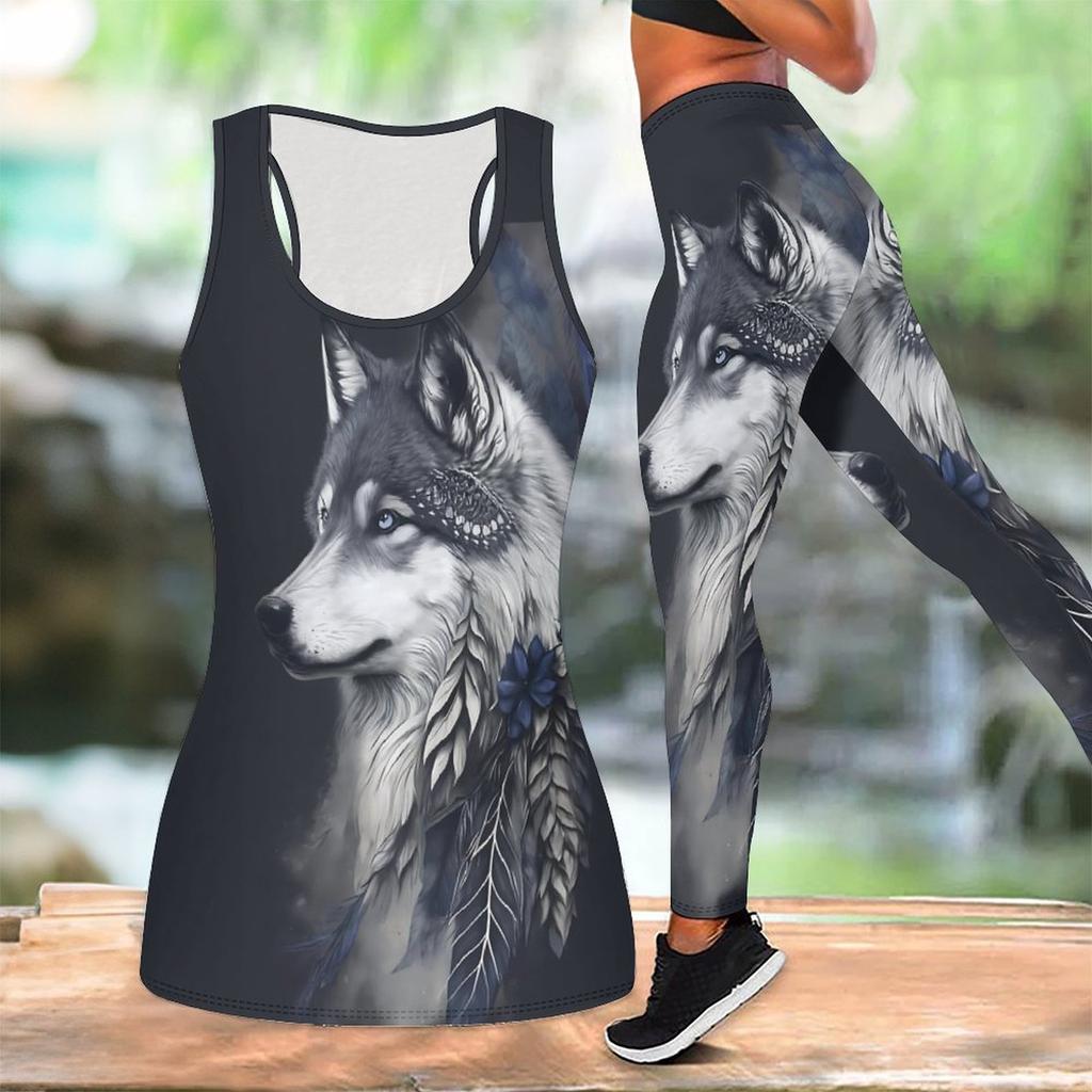 Loyales Tiermuster Druck Yoga Outfit für Damen Mode Workout Leggings Fitness Sport Lässiges Yoga Set Sportanzug