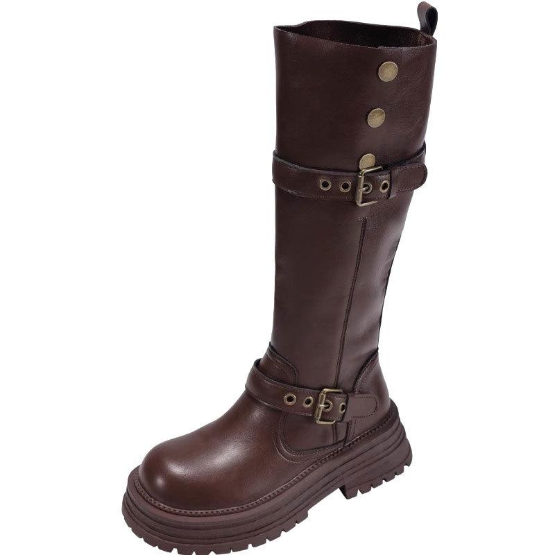 Black Retro British Style Thick Heel Platform Boots Women's 0000 Autumn and Winter New Boots Tall and Thin Knight Boots