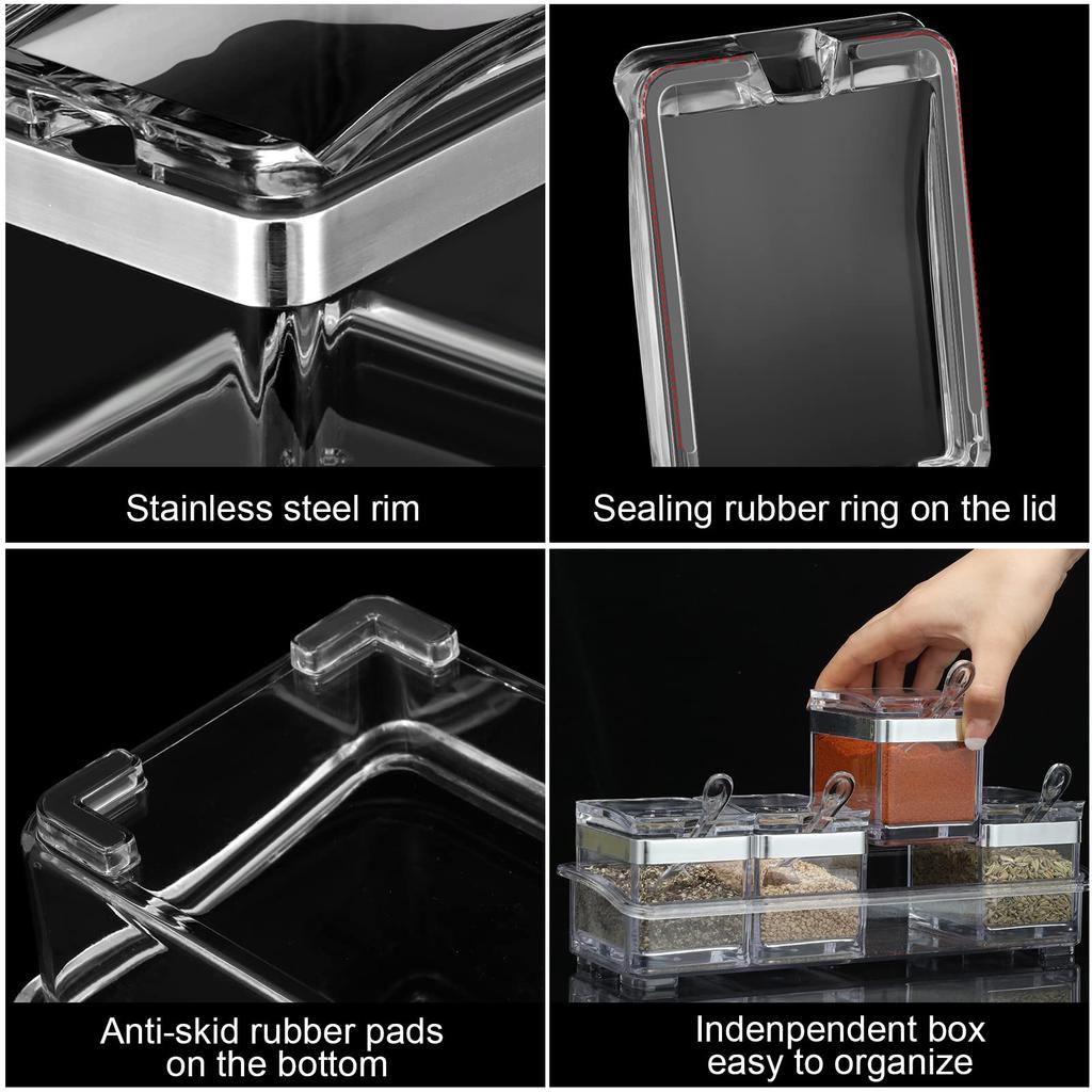 4 Piece Clear Seasoning Box Set Storage Container Condiment Jars for Spice Salt Sugar Cruet Seasoning Rack Spice Pots with Cover