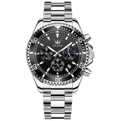 OLEVS Stilvolle, einfache schwarze Uhr, wasserdicht, beliebte analoge Quarz-Armbanduhr mit Chronograph, Edelstahlarmband, lässig, leicht zu lesen, Business-Mode