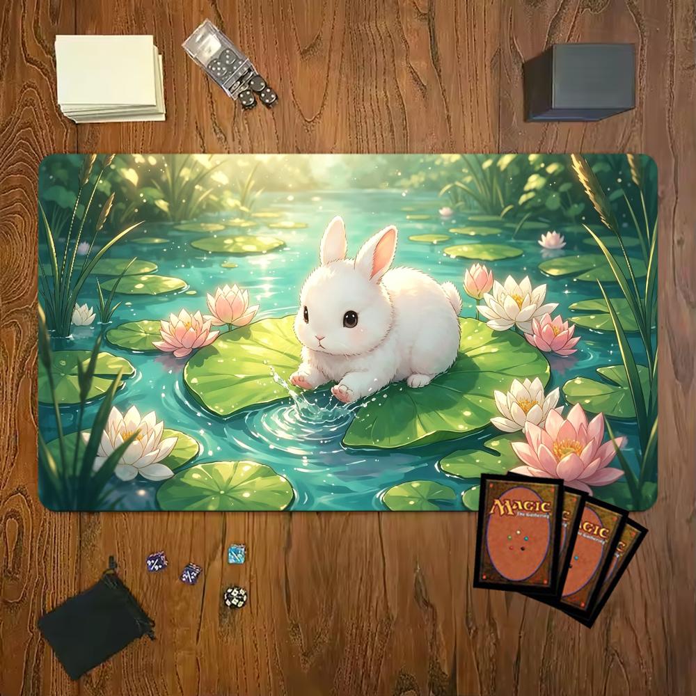 Cartoon White Rabbit Lotus Pond Gaming Mouse Pad Playmat 24x14 Mtg Tcg Office Desk Mat For Work Game Pc Laptop Carpet Mousepad