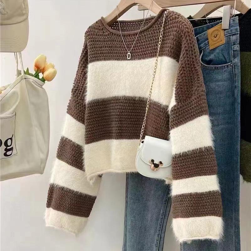 Contrasting stripes soft waxy new design loose knitted top autumn knitted pullover sweater women