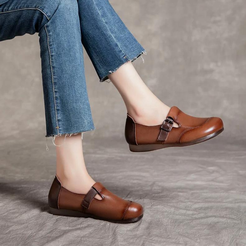 Johnature Round Toe Soft Soled Flat Shoes Casual Genuine Leather Loafers Versatile Women's Slip-on Shoes