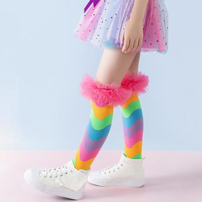 Kids Rainbow Knee Socks Colorful Knee High Socks Girls Funny Boot Socks with Tulle Frill for Dress-Up Parties Festive Events