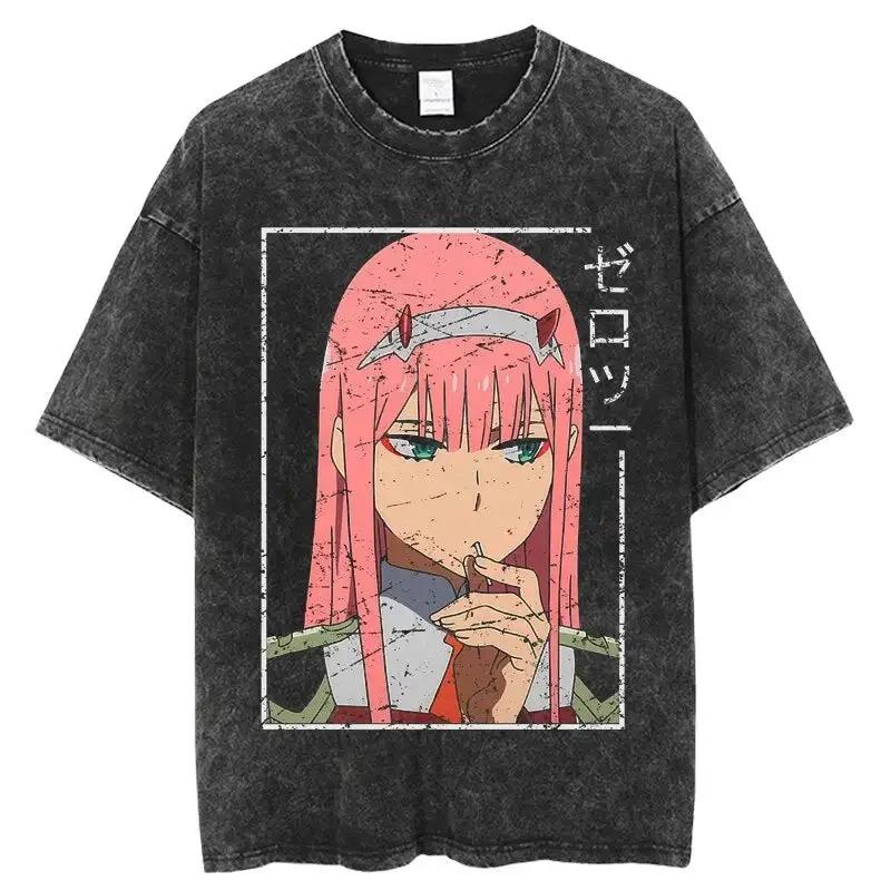 Zero Two Darling In The Franxx Vintage Acid Washed Anime T-Shirt Vaporwave Aesthetic Black Oversized Unisex Streetwear Fan Tee