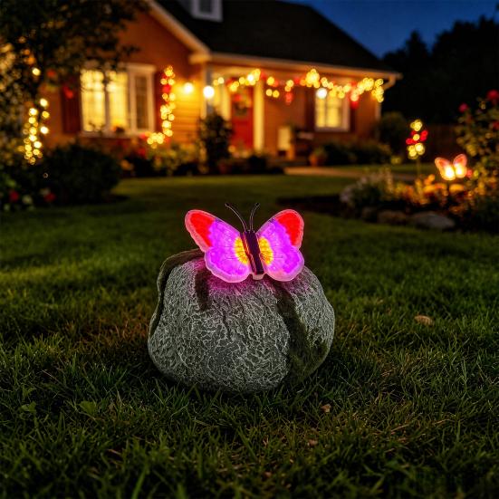 Yousheng Solar Butterfly Stone Light, Resin Garden Decoration with Natural Stone Look, Soft LED Outdoor Lamp for Lawn Pathway