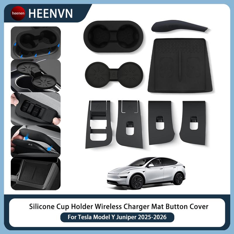 For Tesla Model Y Juniper Launch 2025 2026 8Pcs Car Wireless Charging Pad Silicone Cup Holder Window Lift Switch Button Panel