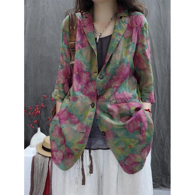 2026 Summer Women s Printed Retro Cotton-Linen Stylish Versatile Long Sleeve Suit X-Large