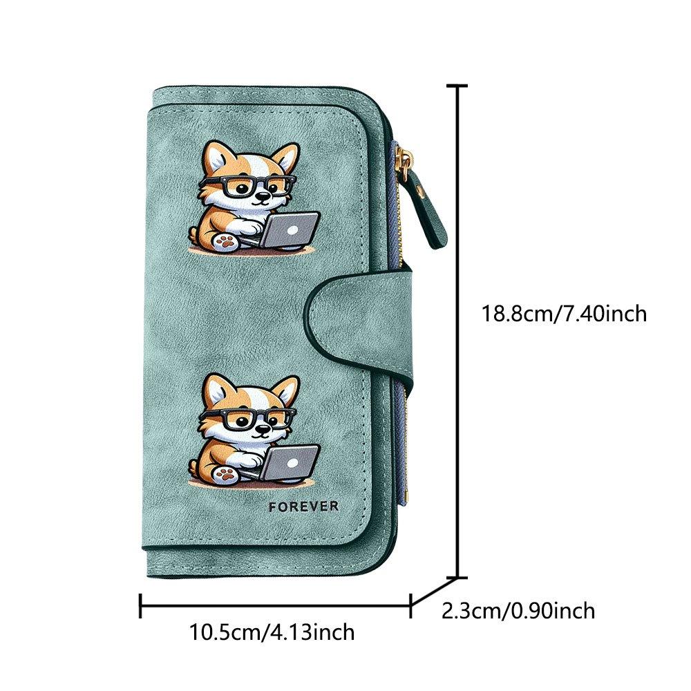 Fashionable Long Wallet with Corgi Computer Worker Wearing Glasses Print Design Eye Catching Multifunctional Portable Coin Purse with Clasp Large